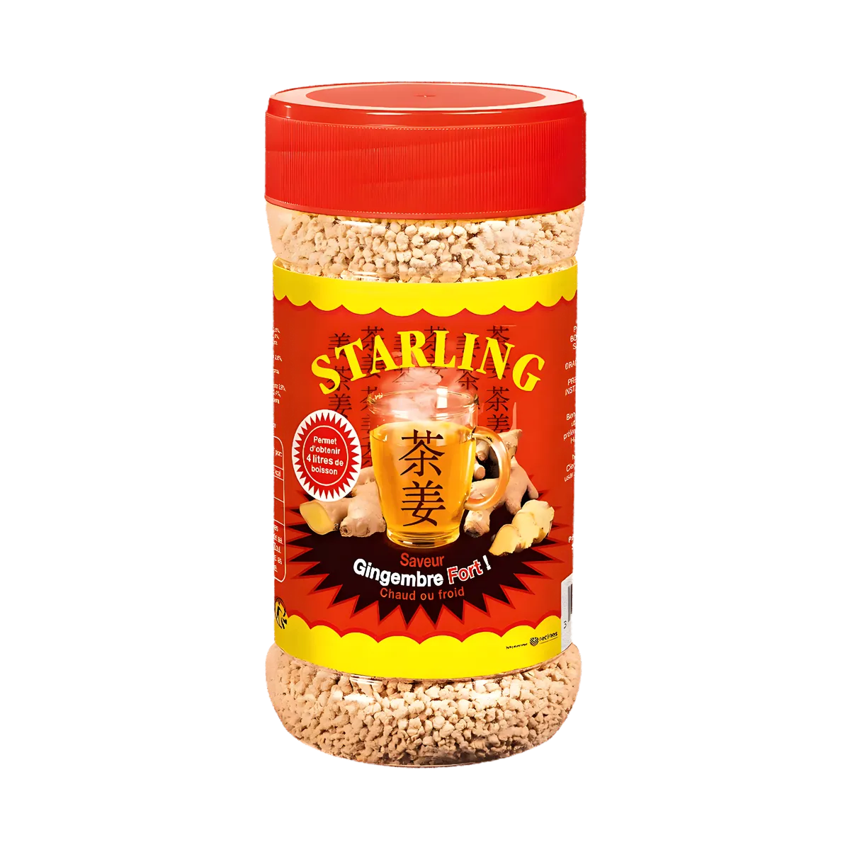 Thé au gingembre STARLING - Instantané, pot rouge de granules solubles pour boisson chaude ou froide, goût épicé et réconfortant.