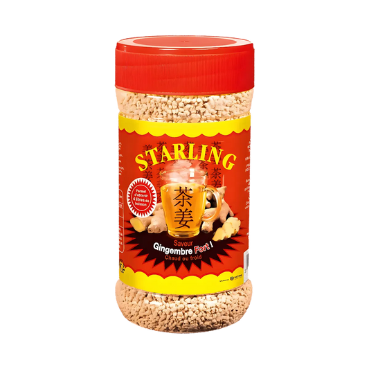 Thé au gingembre STARLING - Instantané, pot rouge de granules solubles pour boisson chaude ou froide, goût épicé et réconfortant.