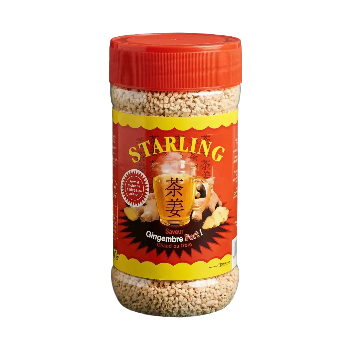 Gemberthee STARLING in pot van 400g, met een rood-gele etiket, kopje thee.