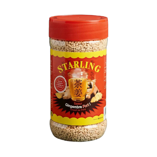 Gemberthee STARLING in pot van 400g, met een rood-gele etiket, kopje thee.