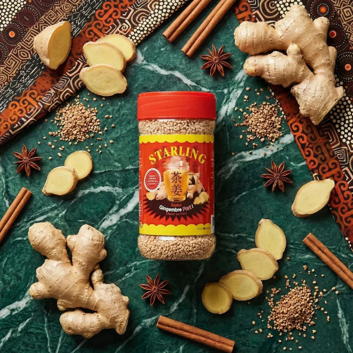 Starling powdered ginger tea, with fresh ginger, star anise, and cinnamon sticks.