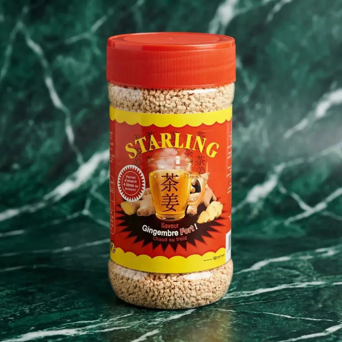 Instant ginger tea STARLING, in red and yellow packaging containing granules.