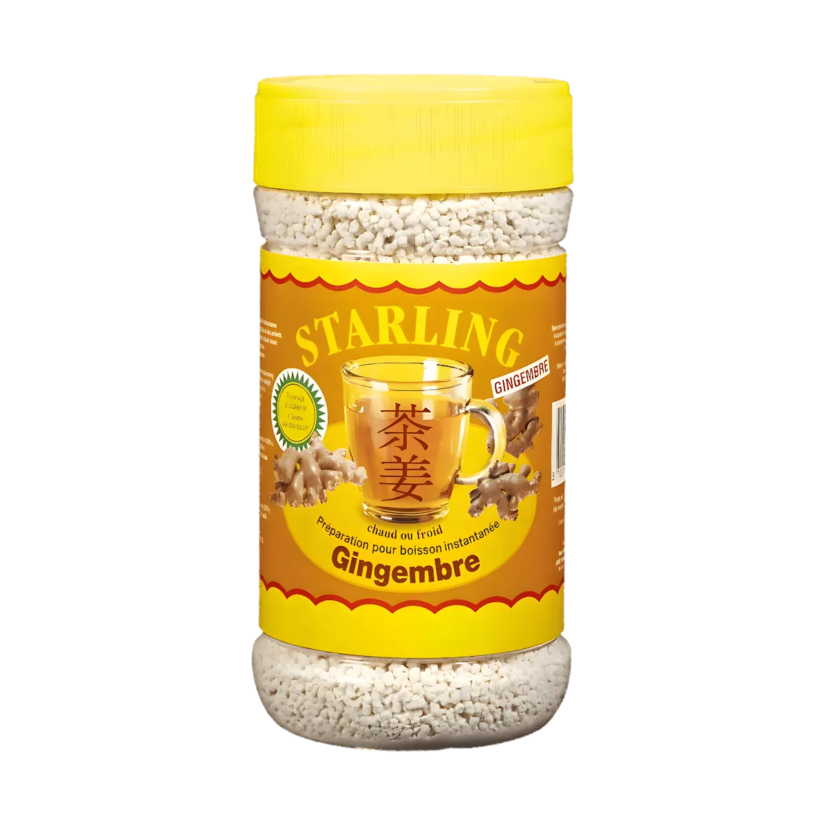 Thé au Gingembre STARLING en pot avec étiquette orange, boisson instantanée savoureuse pour infusion rapide et facile à préparer.