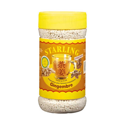 Thé au Gingembre STARLING en pot avec étiquette orange, boisson instantanée savoureuse pour infusion rapide et facile à préparer.