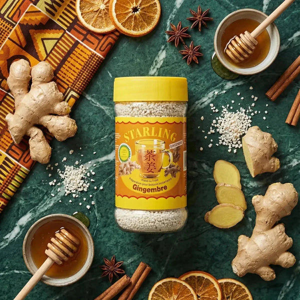 STARLING ginger tea in its yellow packaging. Fresh ginger, honey, star anise.