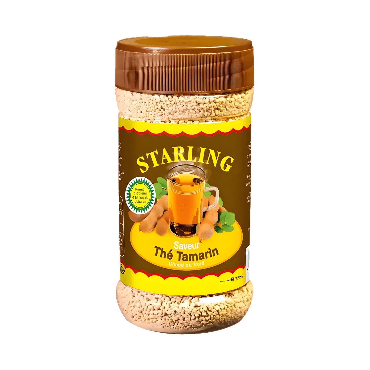 Boîte de thé tamarin STARLING instantané, boisson savoureuse à préparer chaude ou froide, avec visuel de tamarin et verre de thé.