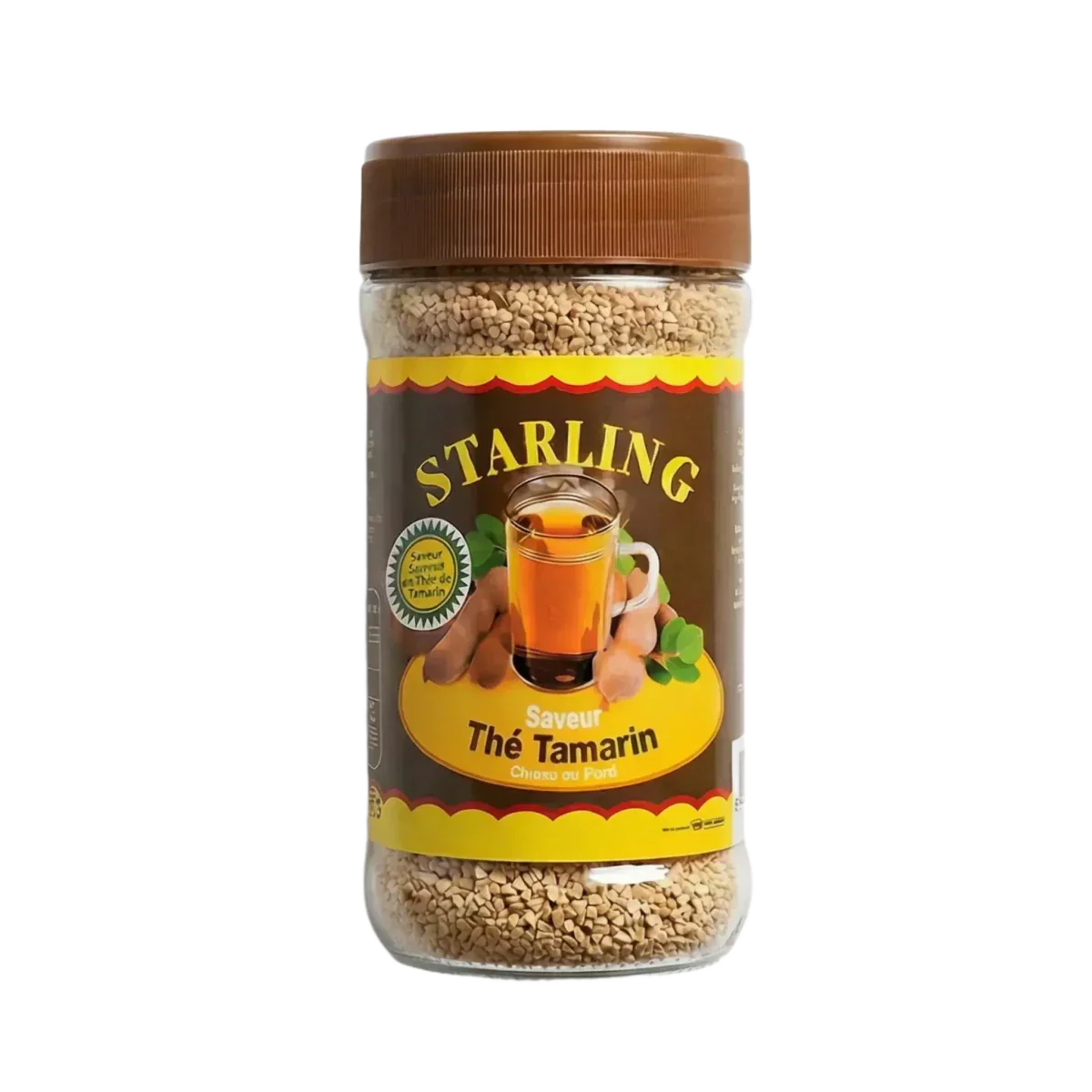 STARLING tamarindethe in pot. Gekleurd etiket met illustratie van tamarinde en drankje.