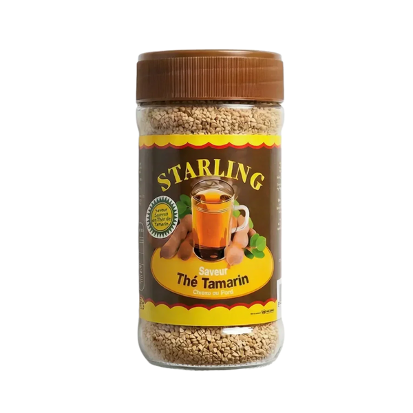 Tamarind tea STARLING in a jar. Colorful label with illustration of tamarind and drink.
