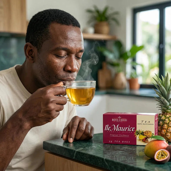 Homme dégustant thé Bois Chéri Île Maurice. Boîte, ananas, mangue sur comptoir.