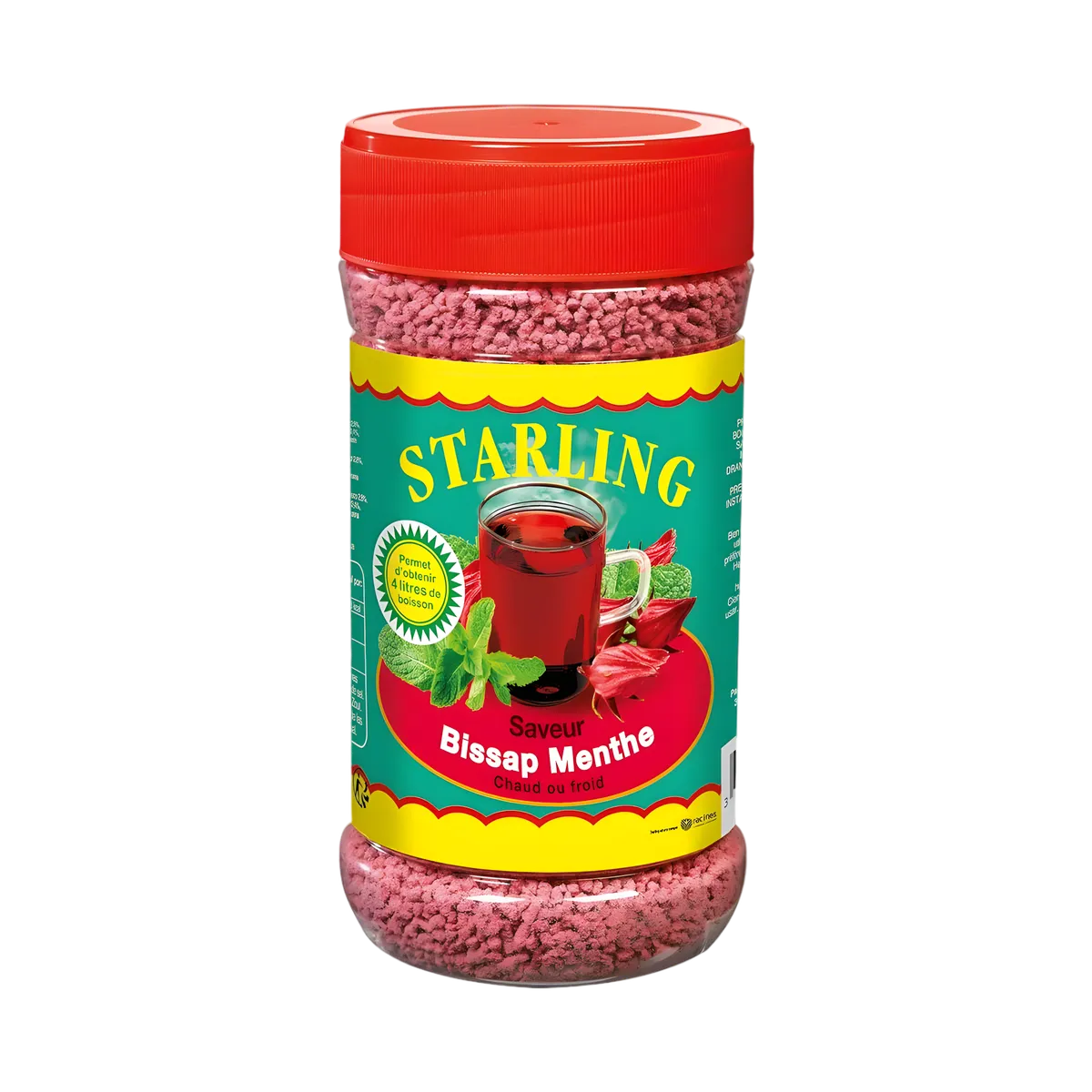 Boîte de thé bissap menthe instantané STARLING avec granulés roses, boisson rafraîchissante à l’hibiscus et menthe, idéale chaude ou froide.