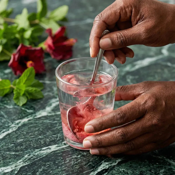 Thé instantané bissap menthe de STARLING, mélangé dans un verre transparent.