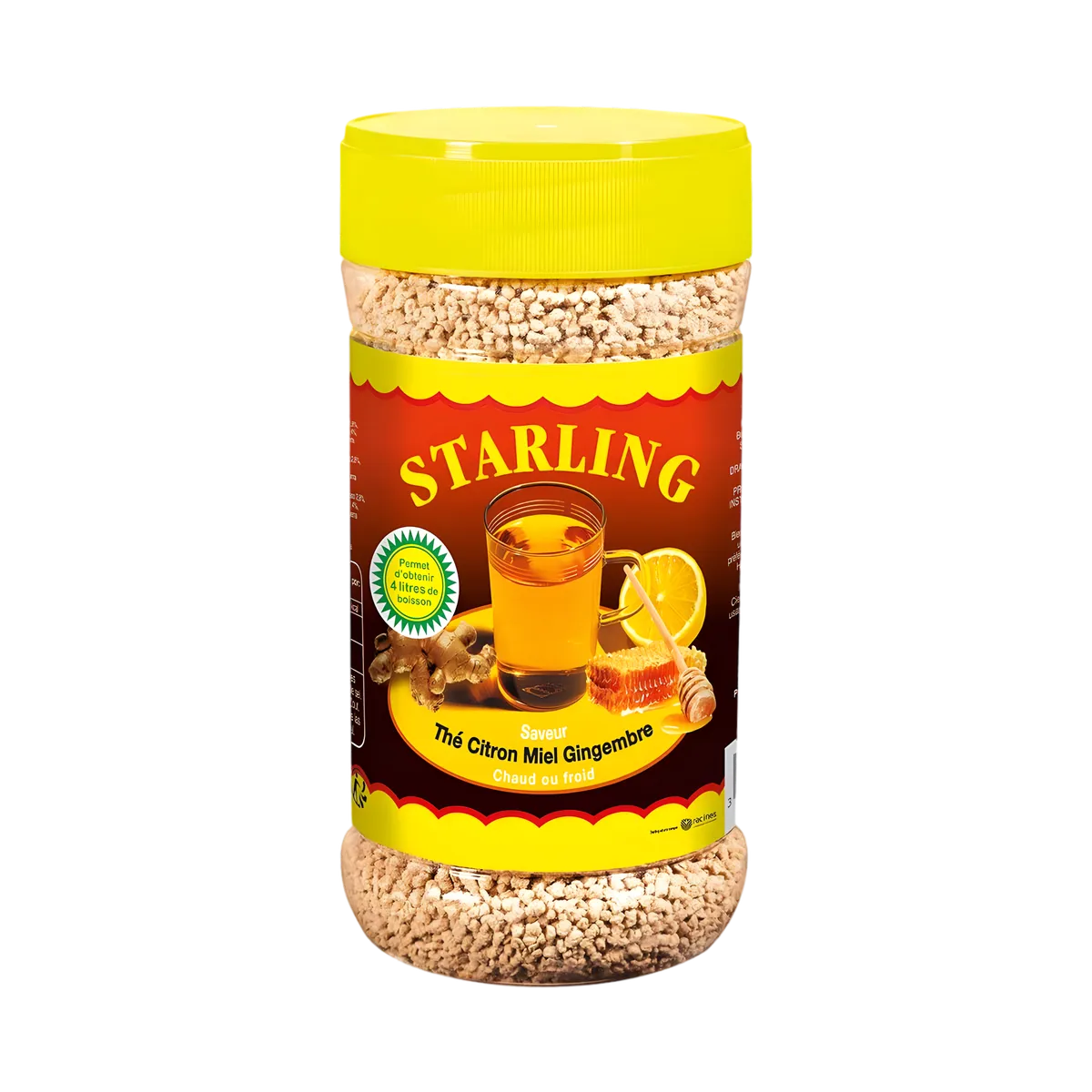 Boîte de thé instantané citron gingembre STARLING, format pratique avec visuel de citron, gingembre et verre de thé chaud ou froid.