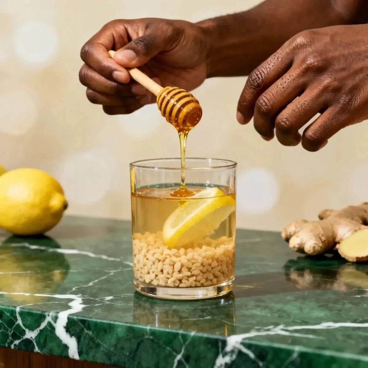 Instantdrank honing citroen gember van STARLING, ingeschonken in een glas met korrels.