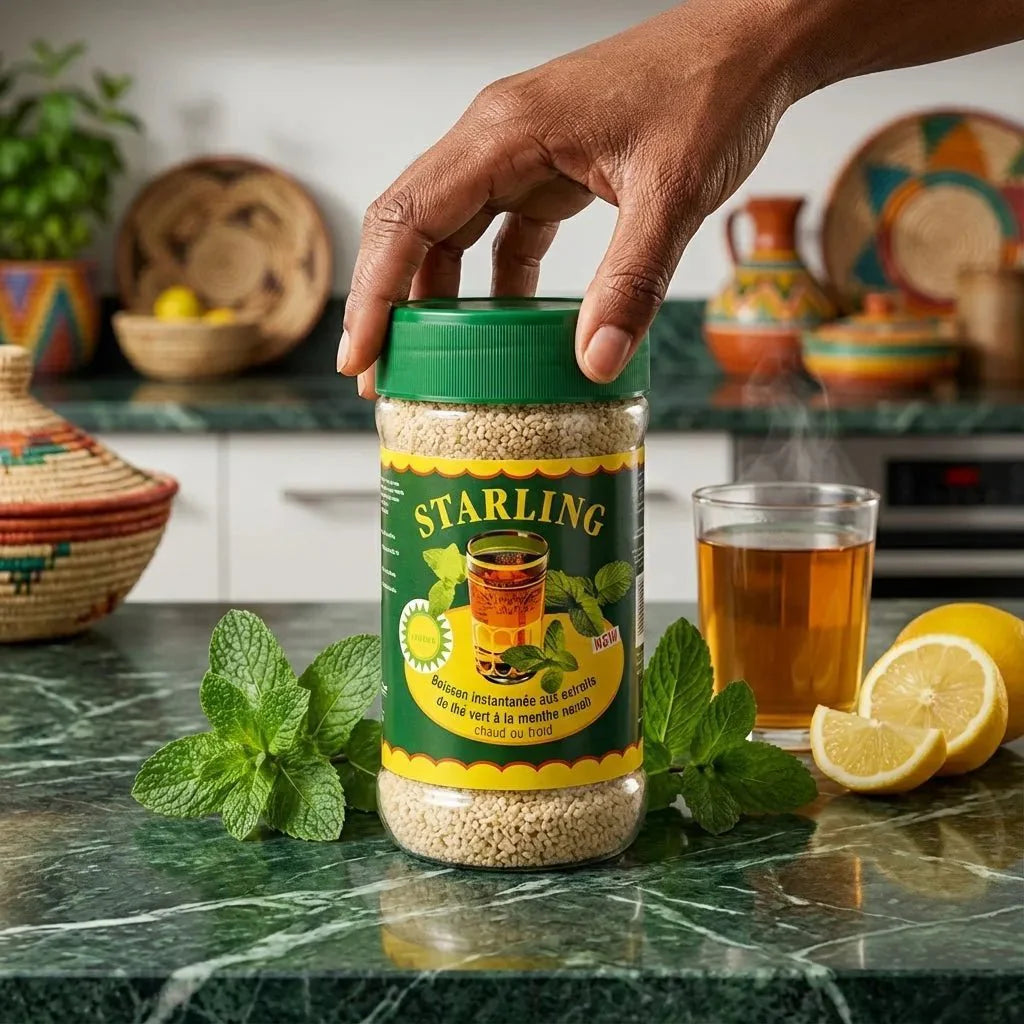 Nanah Munt Thee STARLING, pot van 400g gepresenteerd op een toonbank met dampende infusie, citroen.