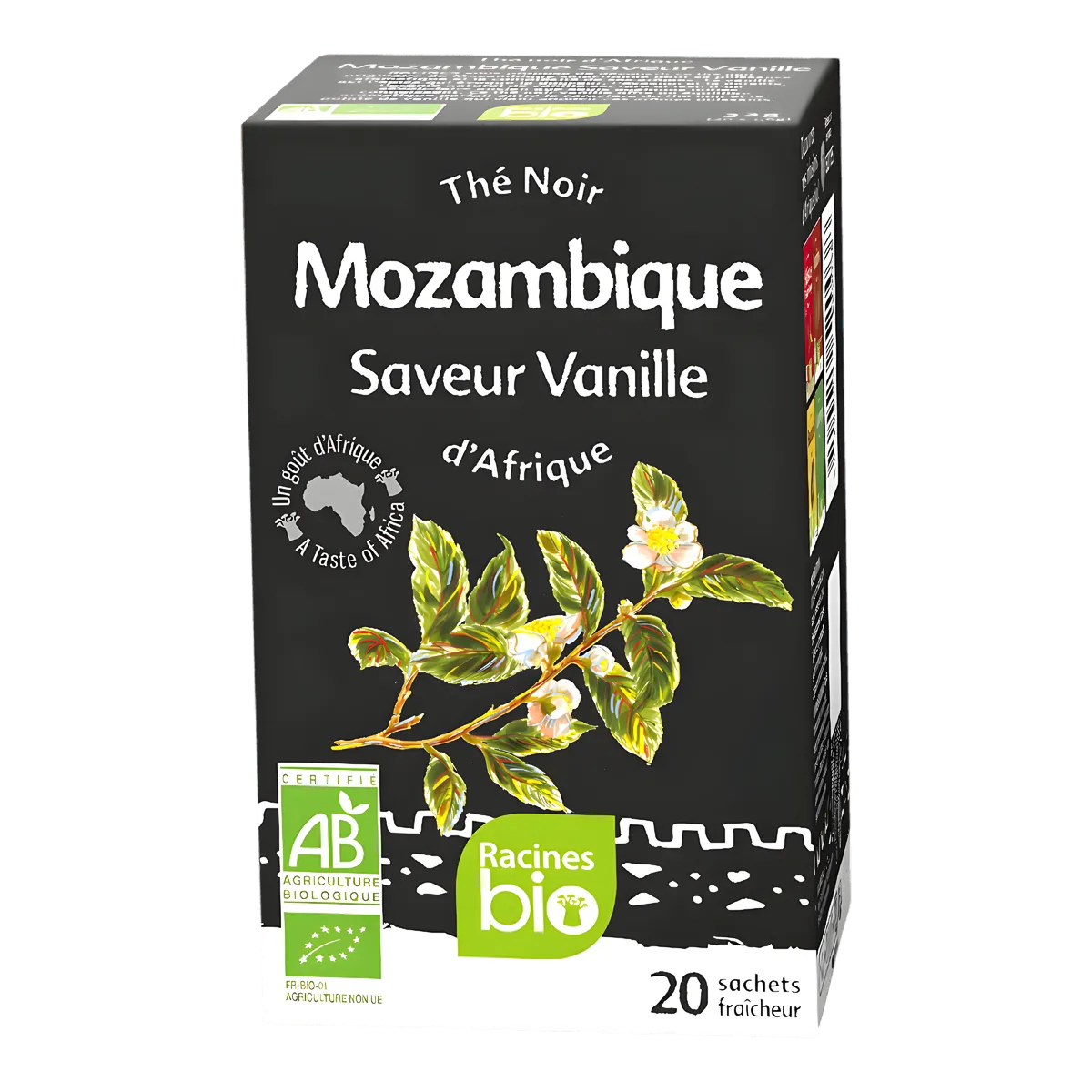 Boîte de thé noir à la vanille BIO RACINES, saveur intense d'Afrique, 20 sachets fraîcheur, certifié agriculture biologique.
