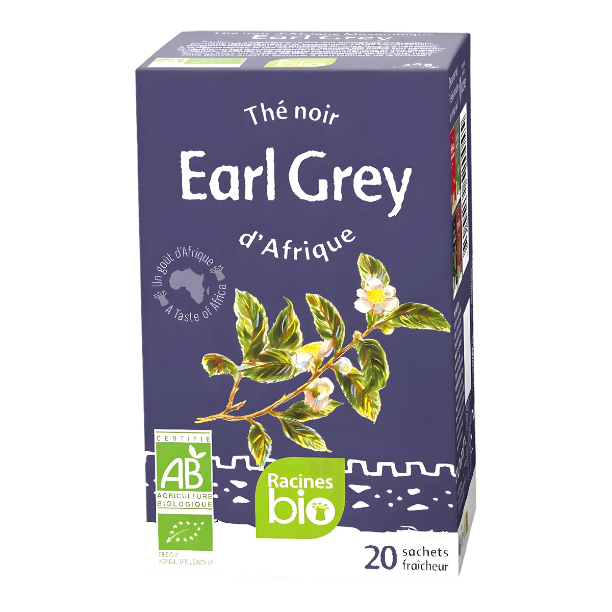 Boîte de Thé noir Earl Grey BIO RACINES avec 20 sachets, infusion bio à la bergamote issue d'Afrique. Certifié AB et Racines Bio.