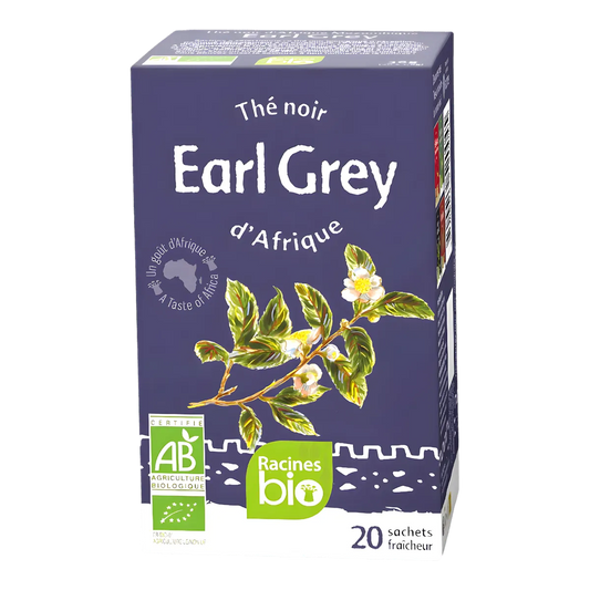 Boîte de Thé noir Earl Grey BIO RACINES avec 20 sachets, infusion bio à la bergamote issue d'Afrique. Certifié AB et Racines Bio.