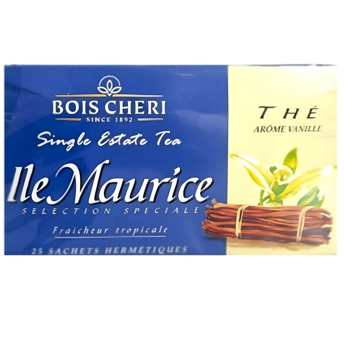 Boîte de thé vanille Bois Chéri avec 25 sachets hermétiques, thé noir aromatisé à la vanille, spécialité de l'île Maurice.