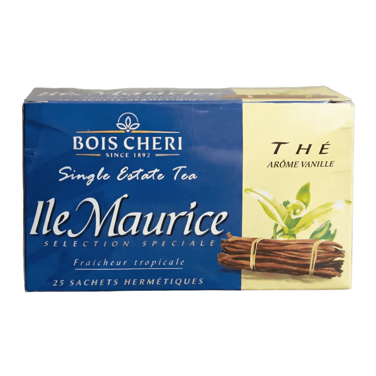Vanillethee Bois Chéri, Mauritius. Blauwe en gele doos met illustratie van vanille.