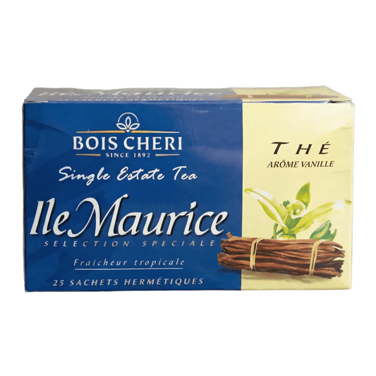 Vanillethee Bois Chéri, Mauritius. Blauwe en gele doos met illustratie van vanille.