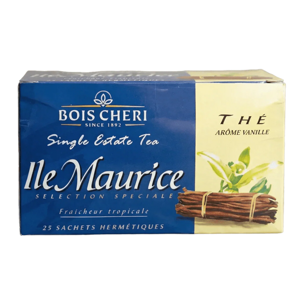 Thé vanille Bois Chéri, Ile Maurice. Boîte bleu et jaune avec illustration de vanille.