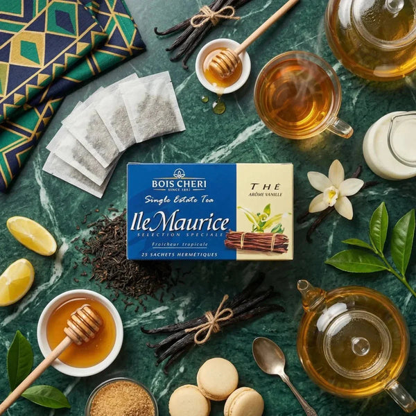 Thé vanille Bois Chéri sur table en marbre avec théière, tasse, miel, citron, macarons.