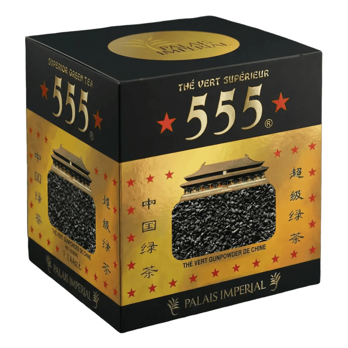 Doos groene thee 555 Palais Impérial. Zwarte verpakking.