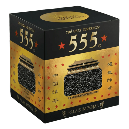 Doos groene thee 555 Palais Impérial. Zwarte verpakking.