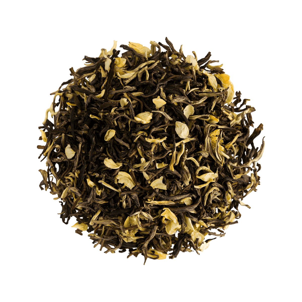 Mélange en vrac de thé vert au jasmin NKOSI, feuilles entières et fleurs de jasmin visibles. THÉ, INFUSIONS, CAFÉ - NKOSI.