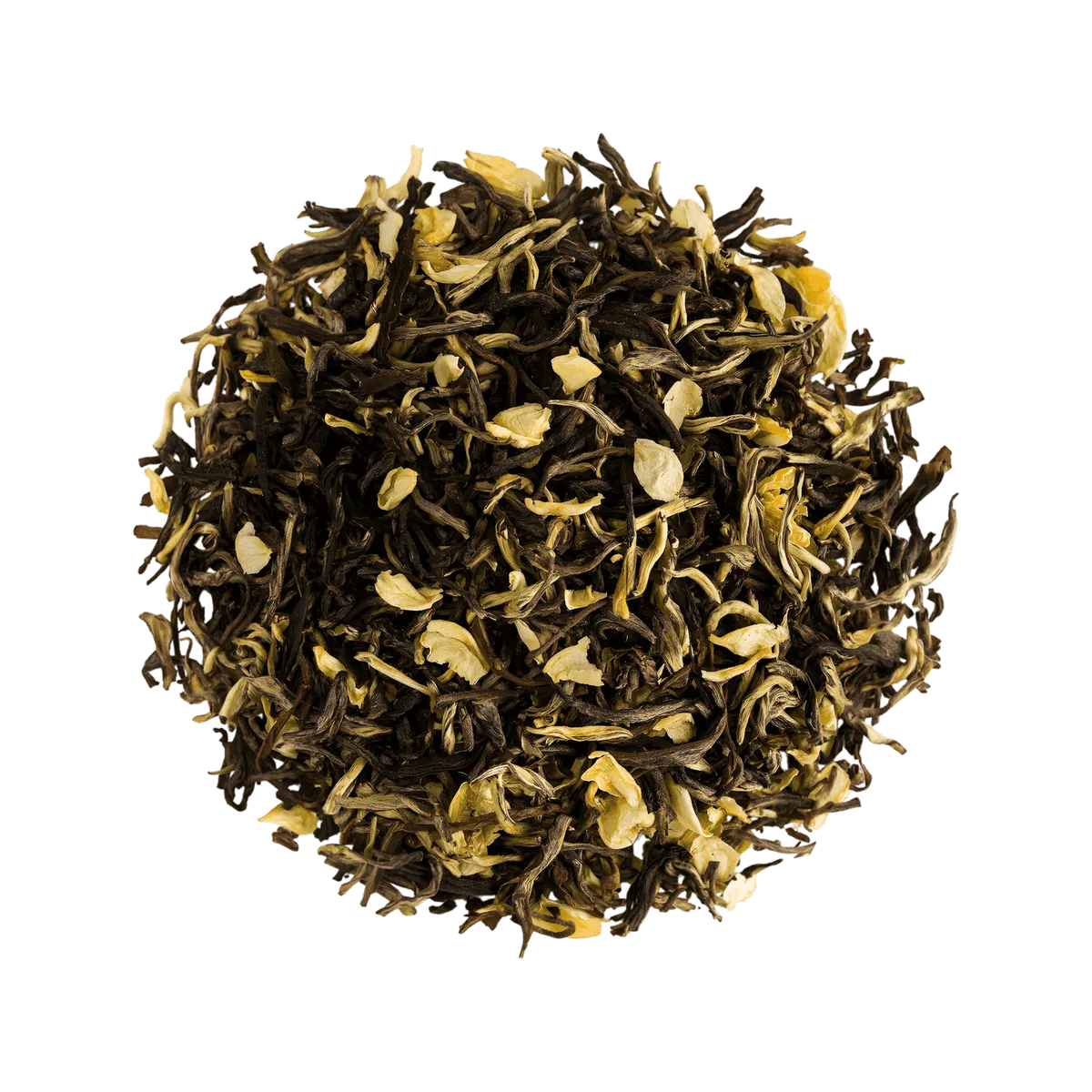 Mélange en vrac de thé vert au jasmin NKOSI, feuilles entières et fleurs de jasmin visibles. THÉ, INFUSIONS, CAFÉ - NKOSI.