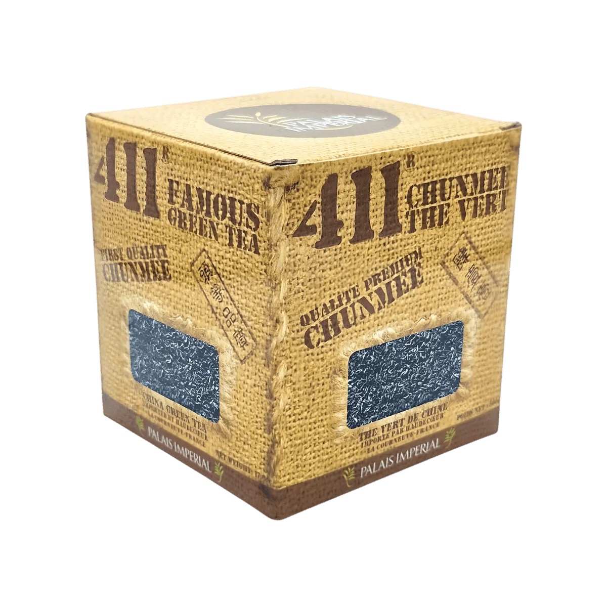 Boîte de thé vert Chunmee 411 de qualité gourmet, emballée dans un cube en carton texturé avec fenêtre transparente - THÉ, INFUSIONS, CAFÉ - NKOSI.