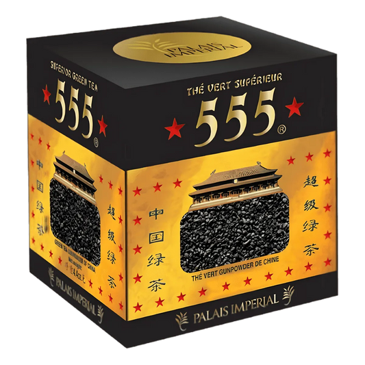 Boîte de thé vert gunpowder superextra 555 de la marque NKOSI, thé en vrac premium aux feuilles roulées, catégorie THÉ, INFUSIONS, CAFÉ.