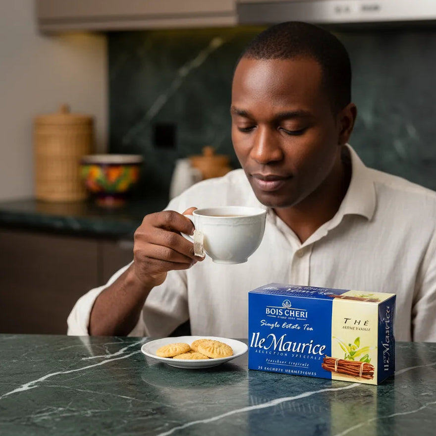 Homme dégustant une tasse de thé vanille Bois Chéri accompagné de biscuits, avec la boîte de thé bien en évidence sur la table.