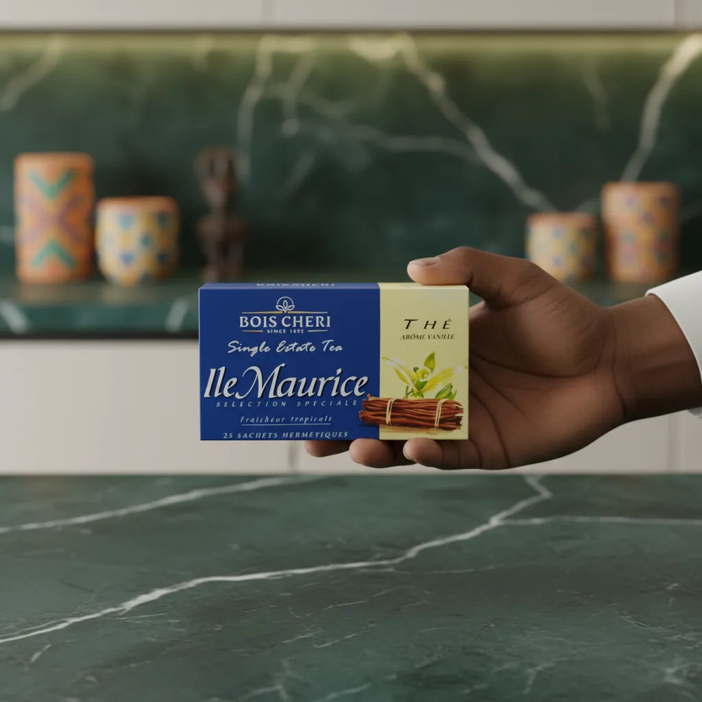 Main tenant une boîte de thé vanille Bois Chéri Ile Maurice, mise en avant sur un fond de cuisine élégante et moderne.