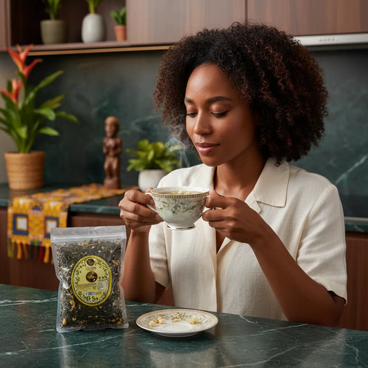 Femme savourant une tasse de thé vert au jasmin, infusion délicate idéale pour un moment de détente quotidienne.