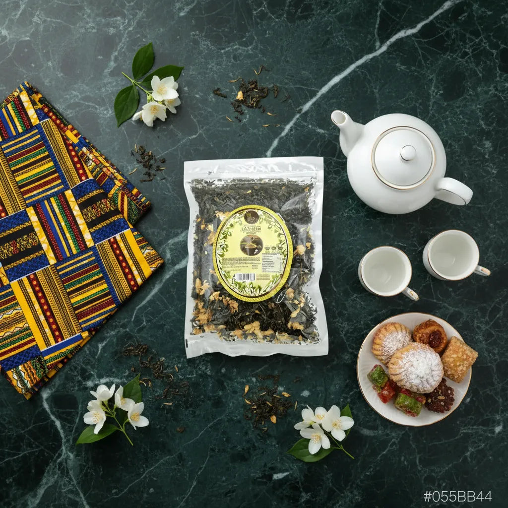 Thé vert au jasmin présenté avec théière, tasses et douceurs, infusion parfumée pour une pause gourmande et apaisante.