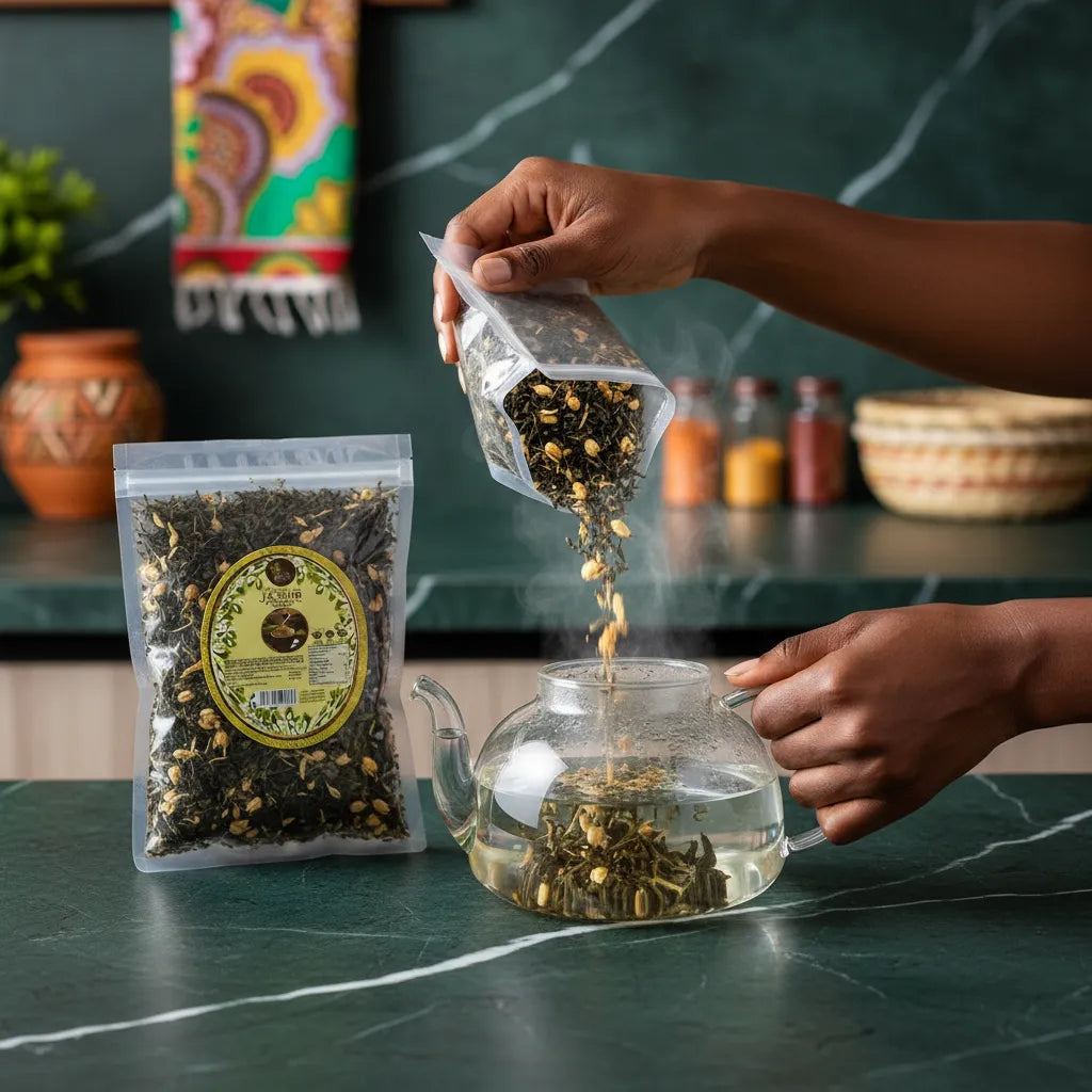 Préparation d'une infusion de thé vert au jasmin avec feuilles en vrac, arôme floral pour un moment de bien-être.