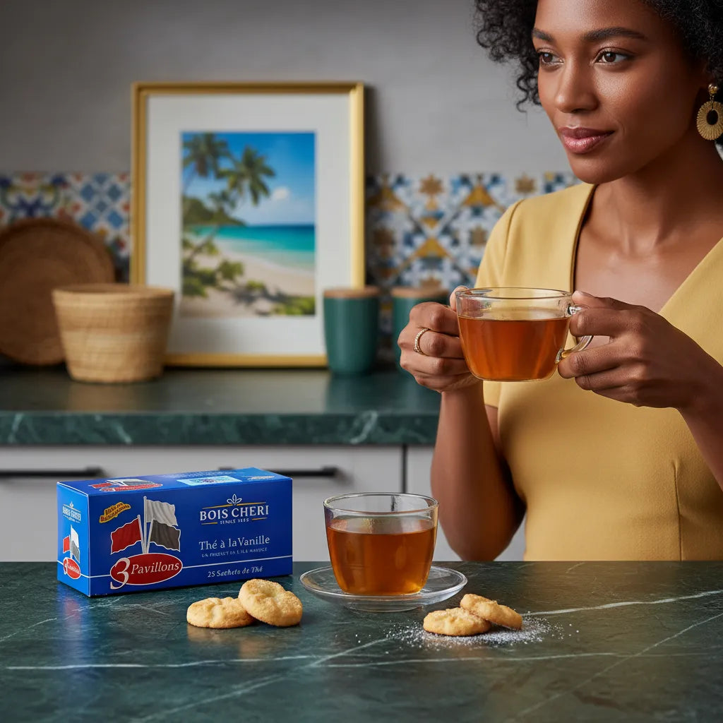 Femme dégustant une tasse de Thé 3 Pavillons BOIS CHERI à la Vanille avec des biscuits, moment de détente autour d'une infusion délicate.