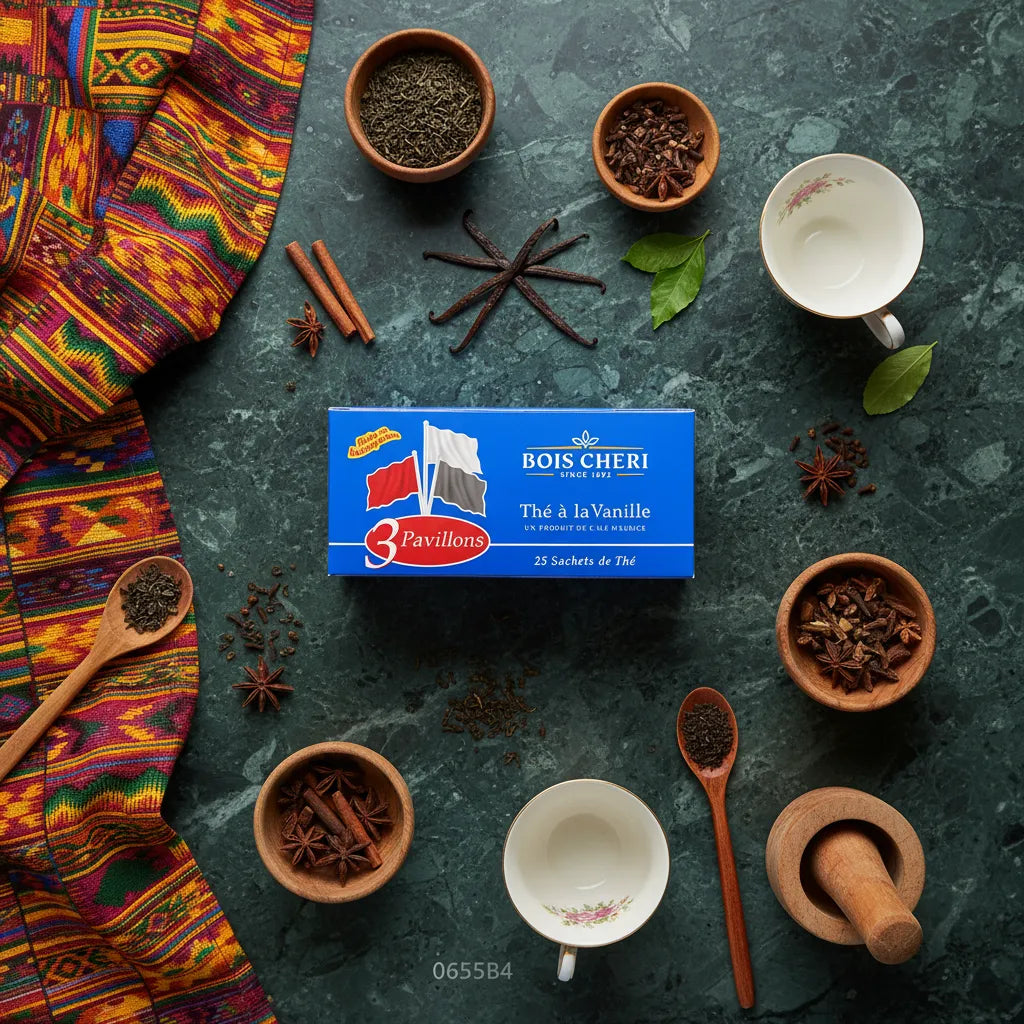 Thé 3 Pavillons BOIS CHERI à la Vanille entouré d'épices naturelles comme la cannelle et l'anis, mettant en valeur ses arômes subtils.