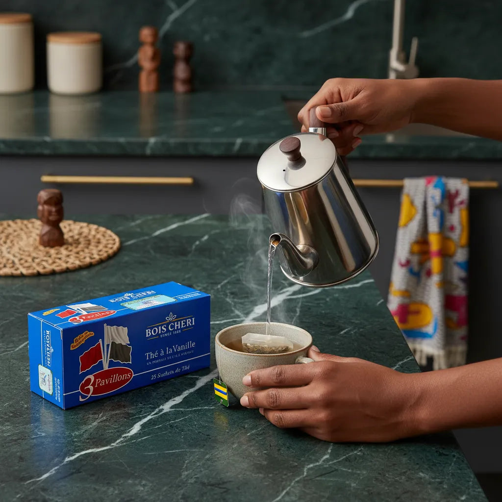 Préparation d'une tasse de Thé 3 Pavillons BOIS CHERI à la Vanille, infusion délicate versée depuis une théière sur un plan de travail moderne.