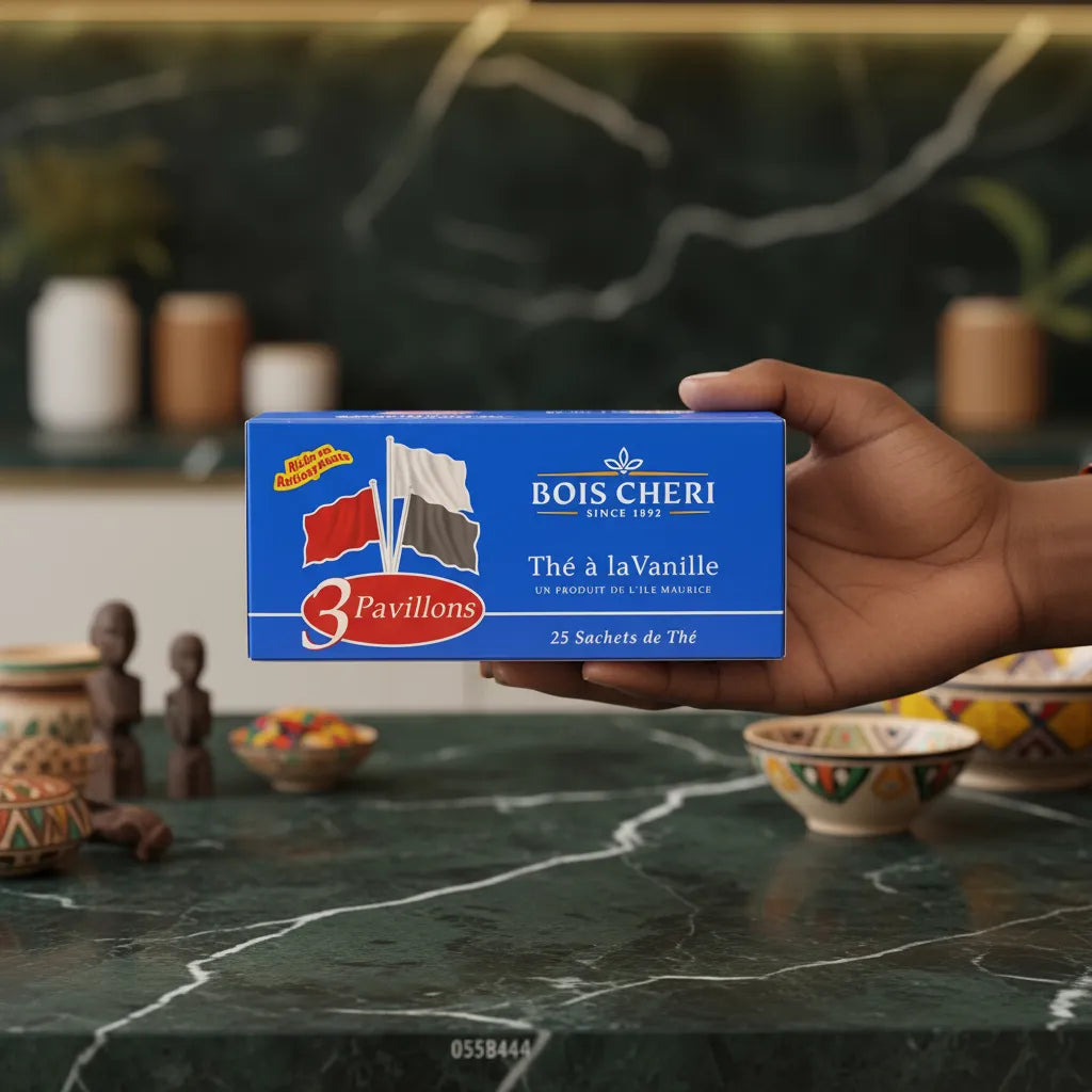 Main tenant une boîte de Thé 3 Pavillons BOIS CHERI à la Vanille, infusion délicate riche en antioxydants, sur fond de cuisine exotique.