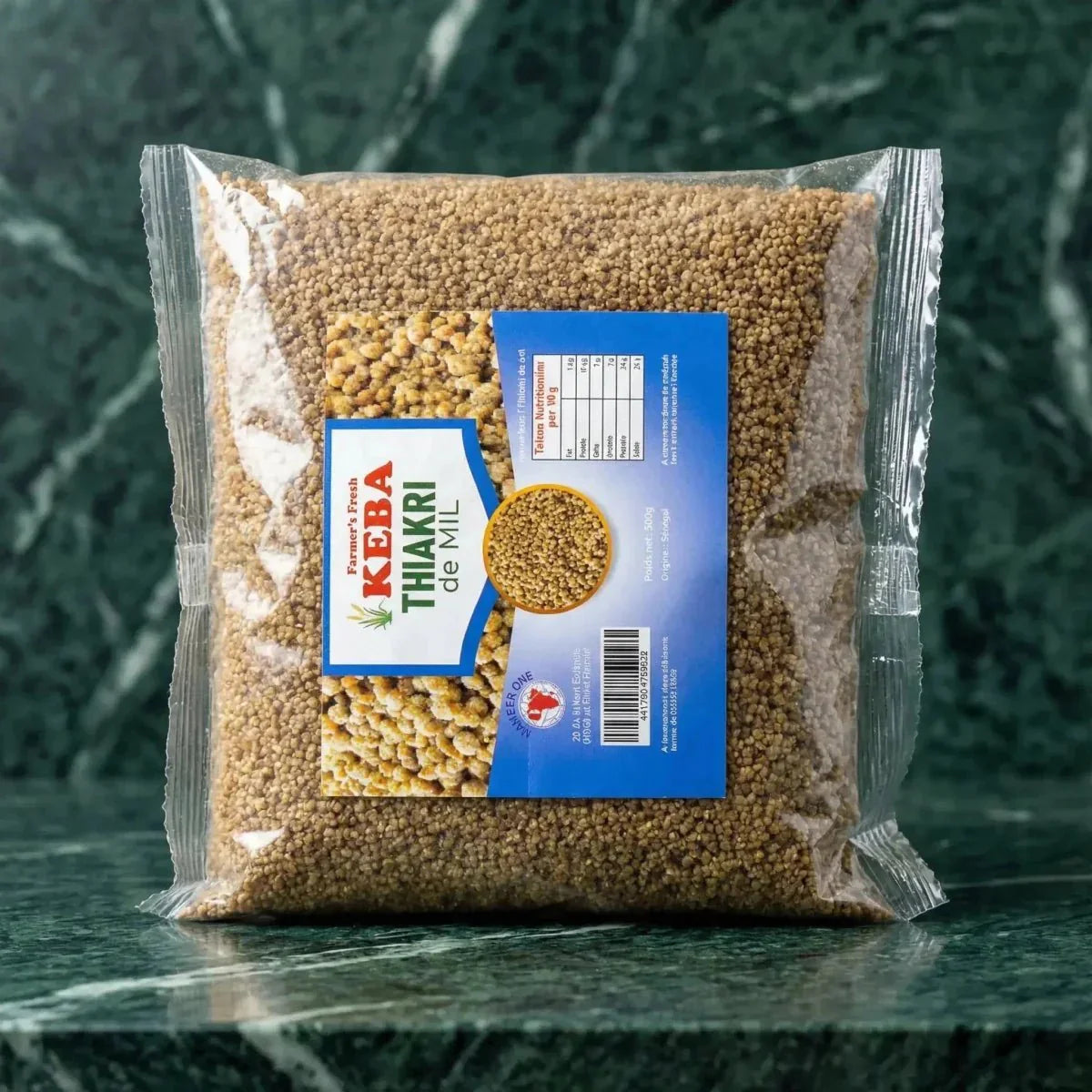 Thiakri de mil, Farmer's Fresh Keba, présenté dans un sachet transparent.