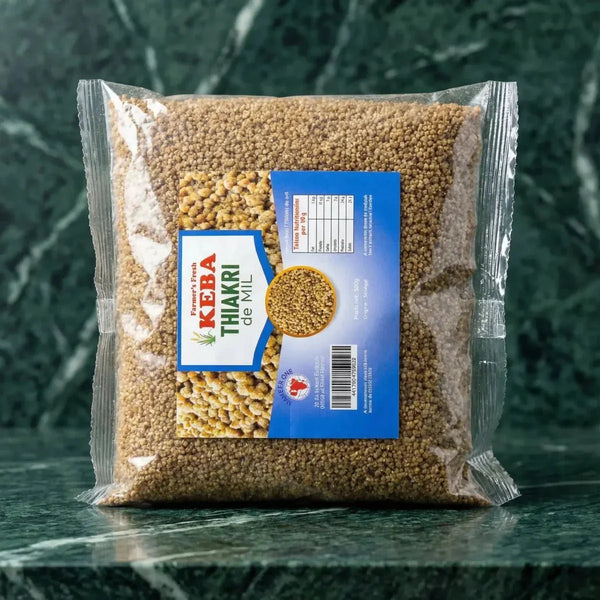 Thiakri de mil, Farmer's Fresh Keba, présenté dans un sachet transparent.