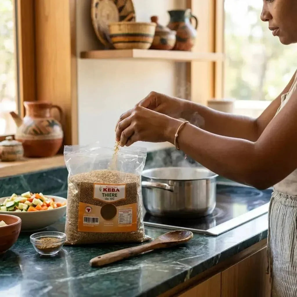 Mil thiéré in a KEBA brand bag, poured into a pot in the kitchen.