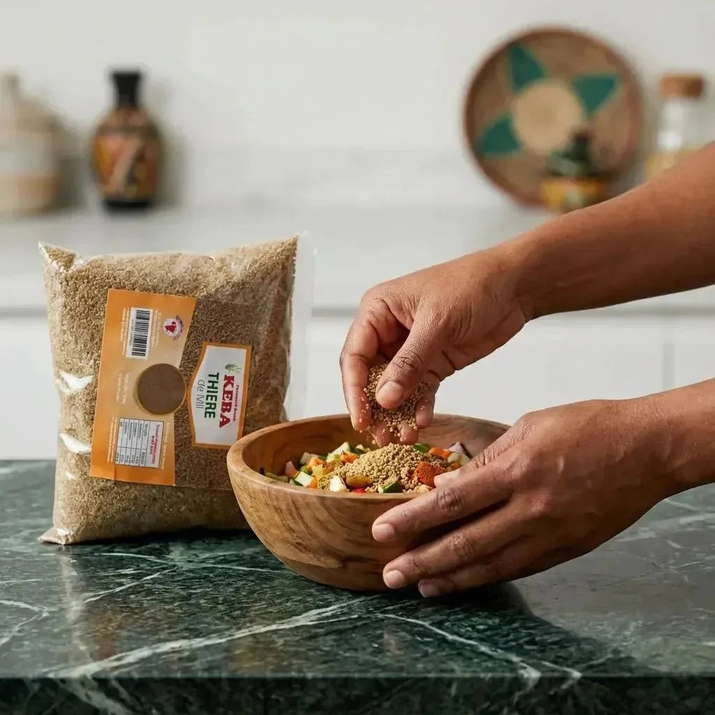 KEBA millet thiéré sold in bulk by KEBA, poured into a wooden bowl containing vegetables.