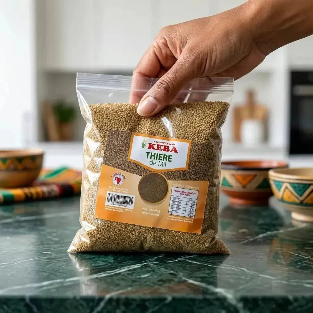 Bag of millet thiéré by KEBA, with a nutritional information label.