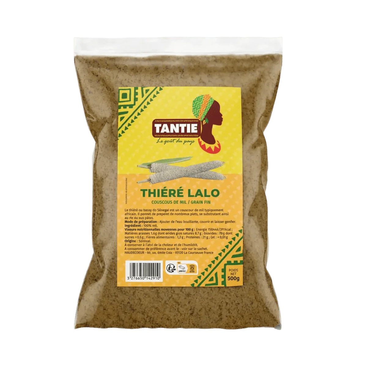Beutel Thiéré Lalo TANTIE: afrikanischer Hirse-Couscous vor grünem Hintergrund.