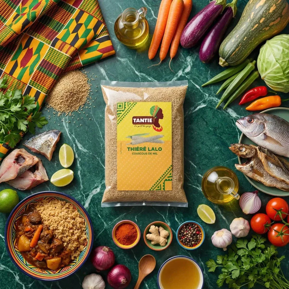 Mil Thiéré Couscous Lalo from TANTIE surrounded by fresh vegetables, spices, and fish.