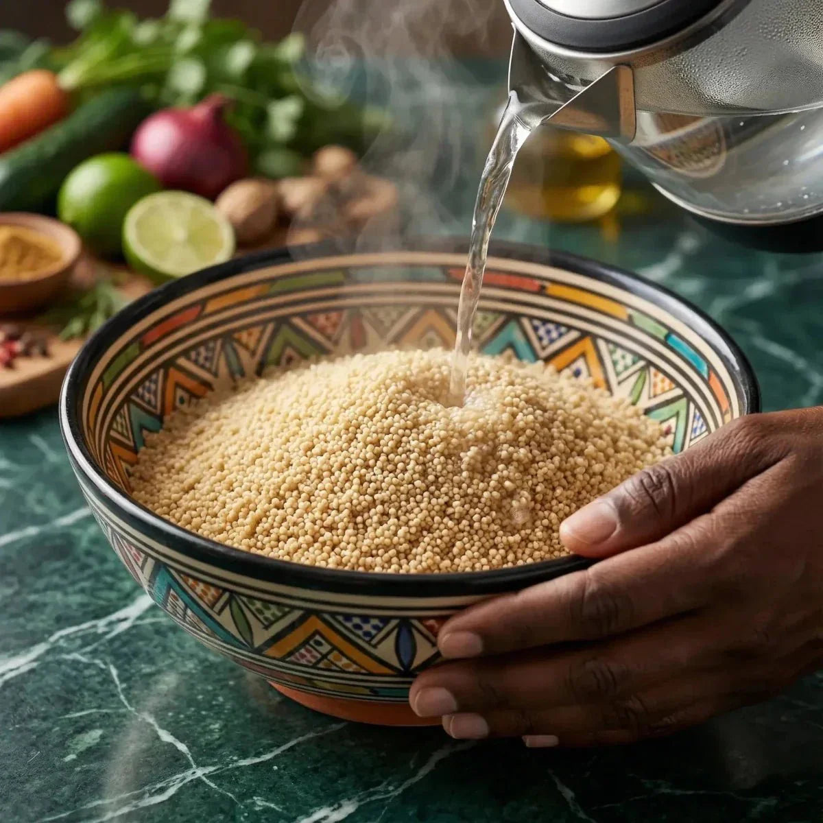 Thiéré Lalo TANTIE: pearl couscous in a decorated bowl, water poured from a kettle.