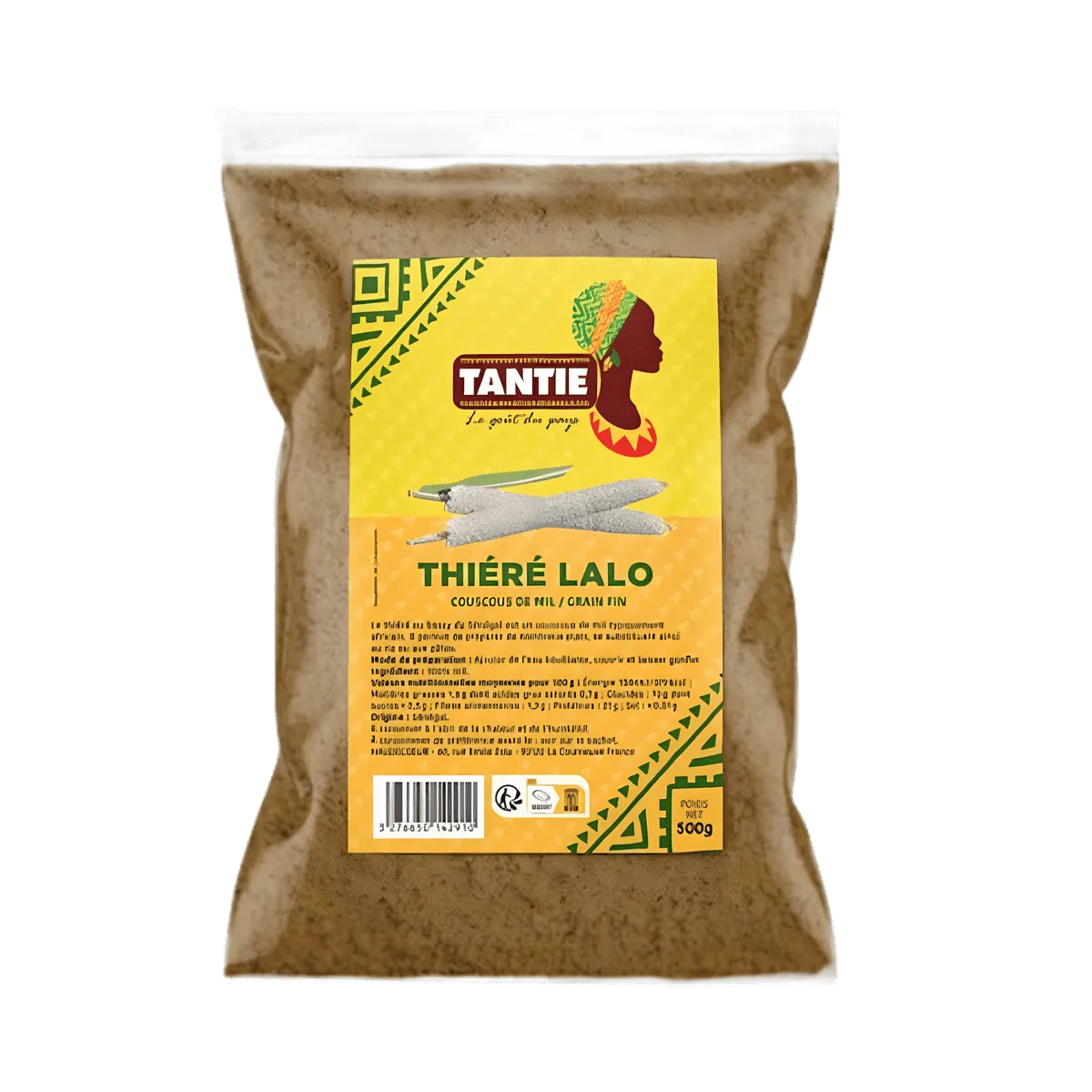Thiéré Lalo TANTIE - ÉPICERIE SALÉE - NKOSI, couscous de mil en sachet de 500g avec étiquette colorée, idéal pour plats traditionnels africains.